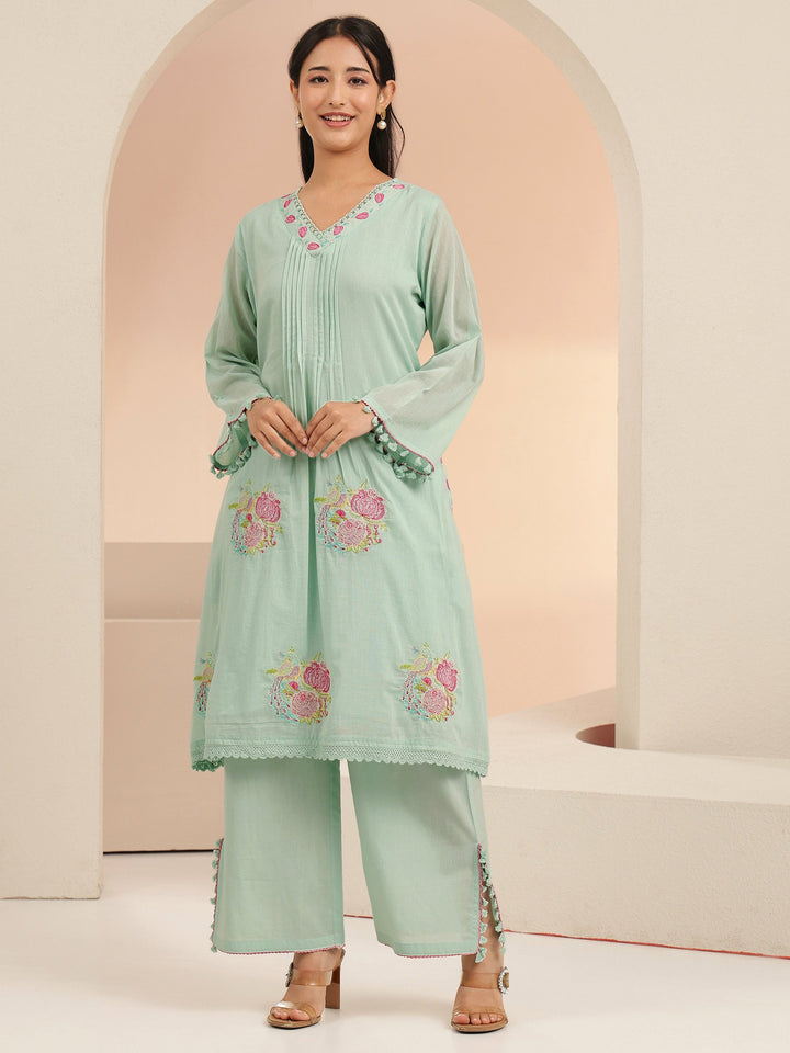 Libas Mint Green Peacock Motif Cotton A-Line Kurta Set