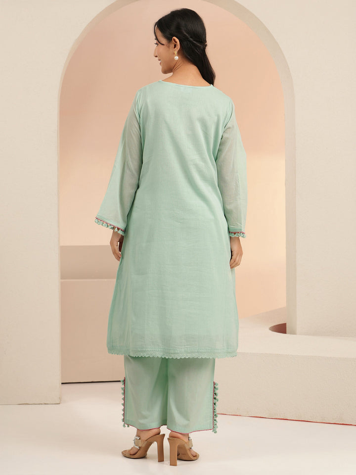 Libas Mint Green Peacock Motif Cotton A-Line Kurta Set