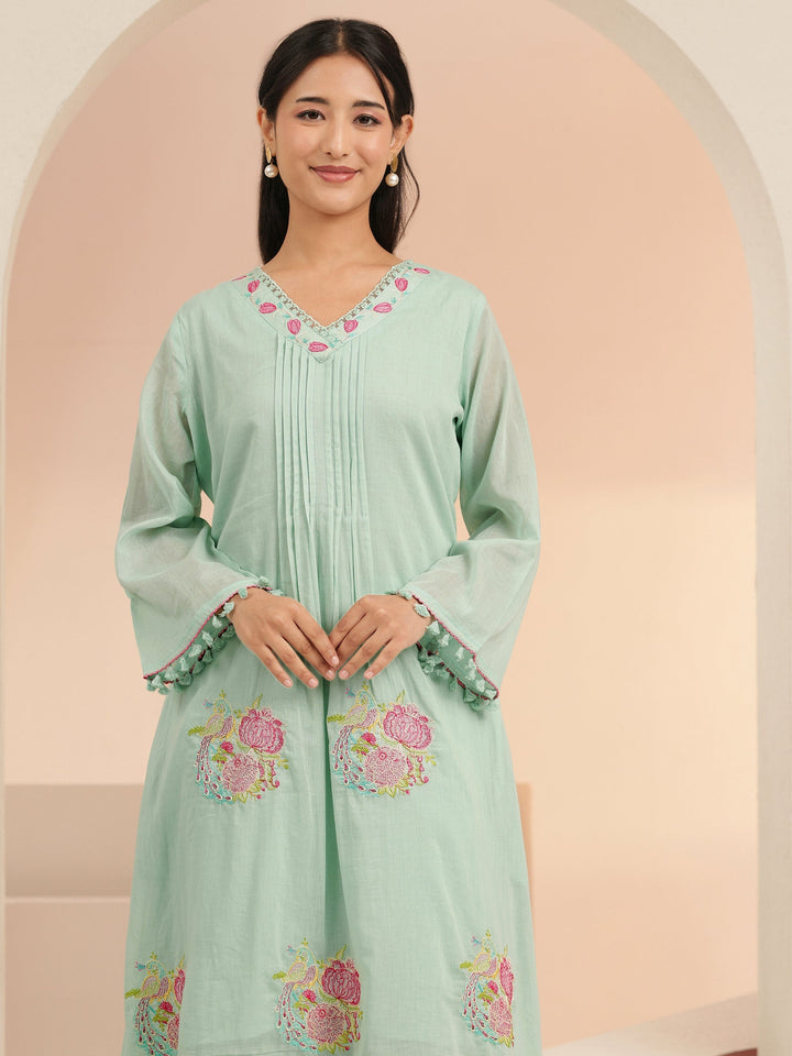 Libas Mint Green Peacock Motif Cotton A-Line Kurta Set