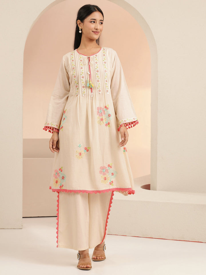 Libas Off White Floral Embroidered Cotton A-Line Kurta Set