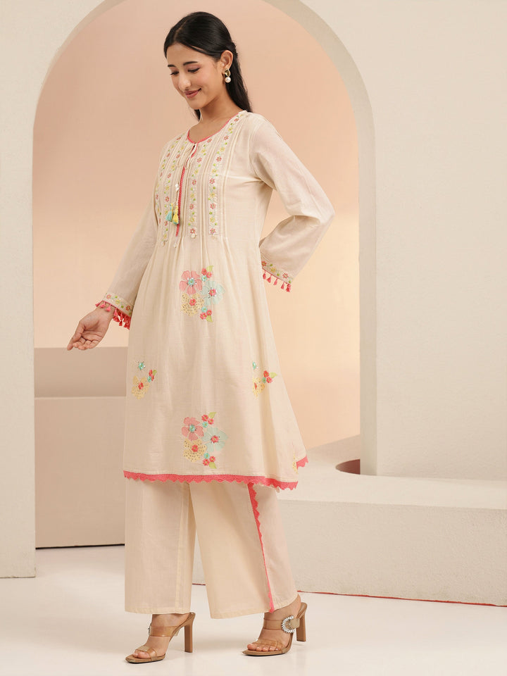 Libas Off White Floral Embroidered Cotton A-Line Kurta Set