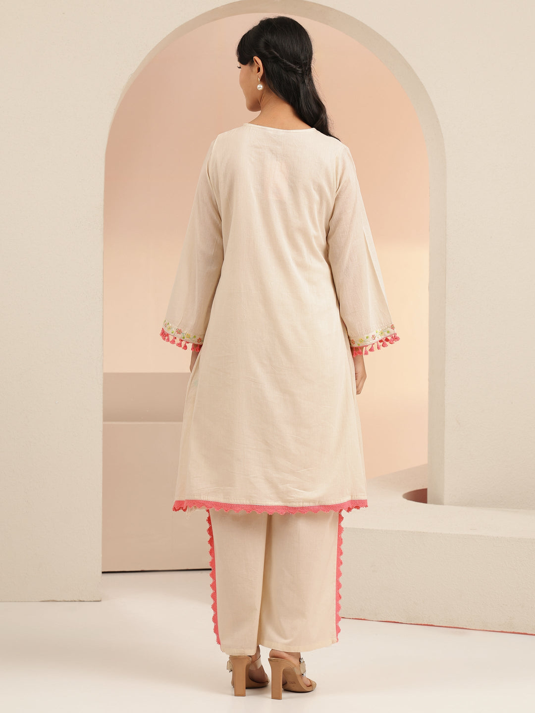Libas Off White Floral Embroidered Cotton A-Line Kurta Set