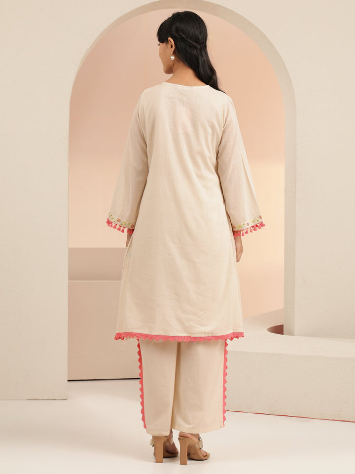 Libas Off White Floral Embroidered Cotton A-Line Kurta Set