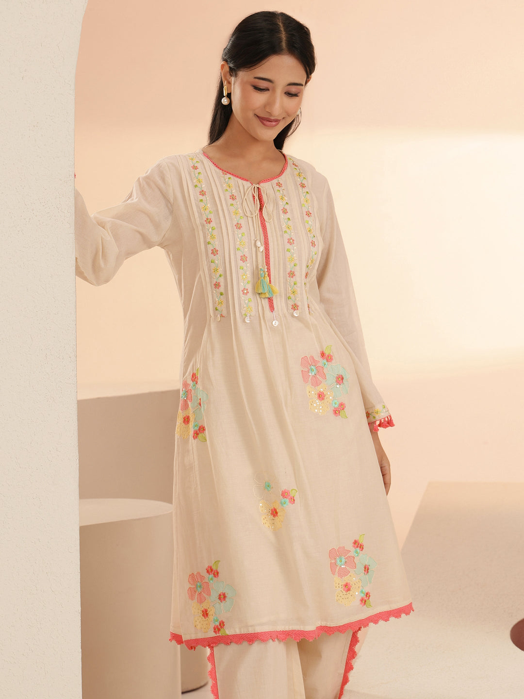 Libas Off White Floral Embroidered Cotton A-Line Kurta Set