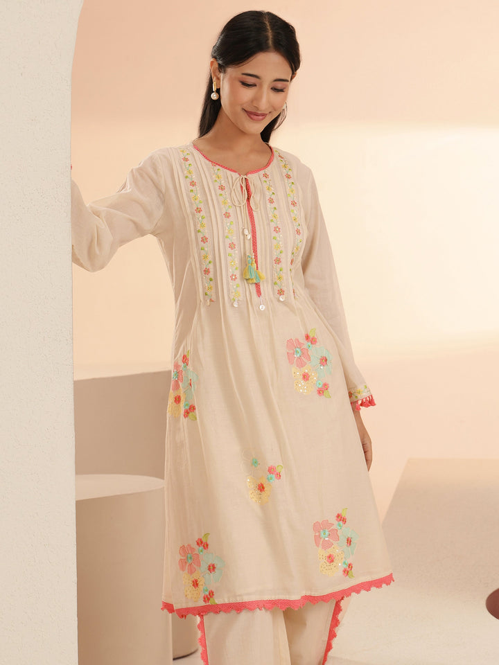 Libas Off White Floral Embroidered Cotton A-Line Kurta Set