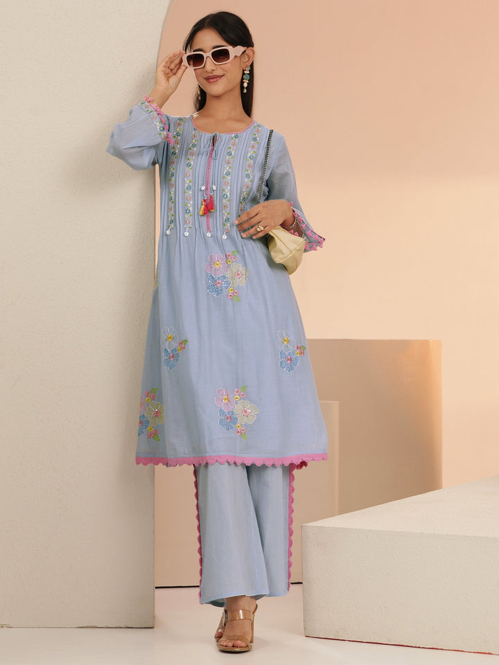 Libas Periwinkle Blue Floral Embroidered Cotton A-Line Kurta Set