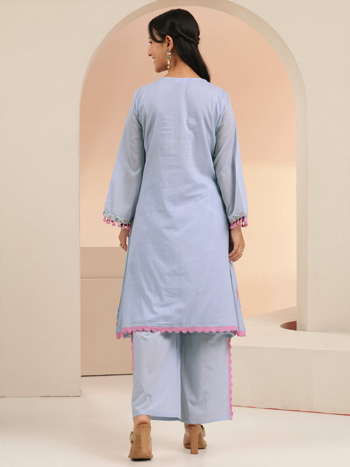 Libas Periwinkle Blue Floral Embroidered Cotton A-Line Kurta Set