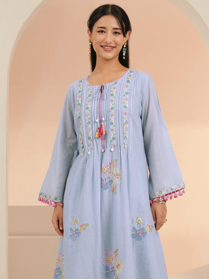 Libas Periwinkle Blue Floral Embroidered Cotton A-Line Kurta Set