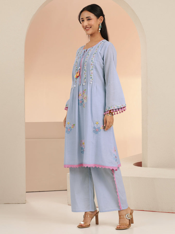 Libas Periwinkle Blue Floral Embroidered Cotton A-Line Kurta Set