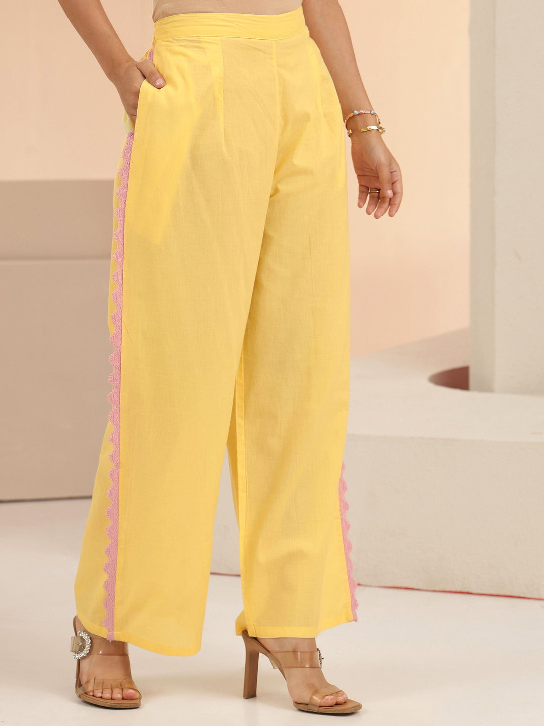 Libas Daffodil Yellow Floral Embroidered Cotton A-Line Kurta Set