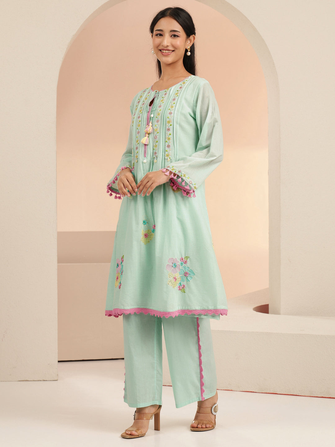 Libas Ocean Blue Floral Embroidered Cotton A-Line Kurta Set