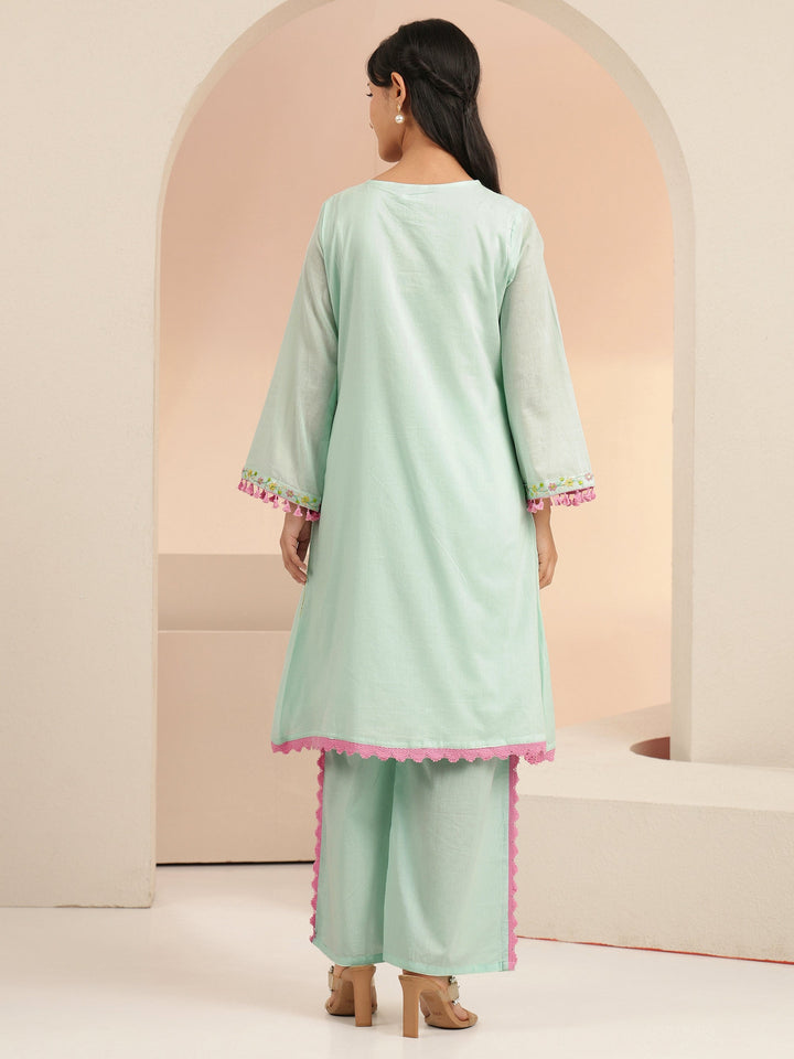 Libas Ocean Blue Floral Embroidered Cotton A-Line Kurta Set