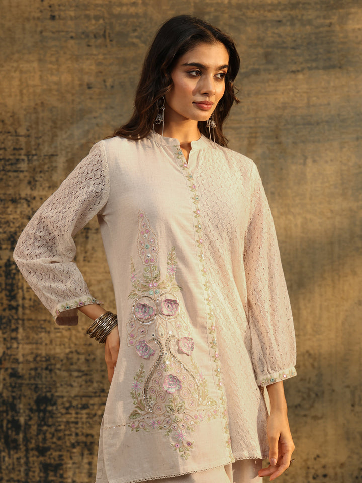 Libas Off white Floral Embroidered Cotton Straight Kurta Set