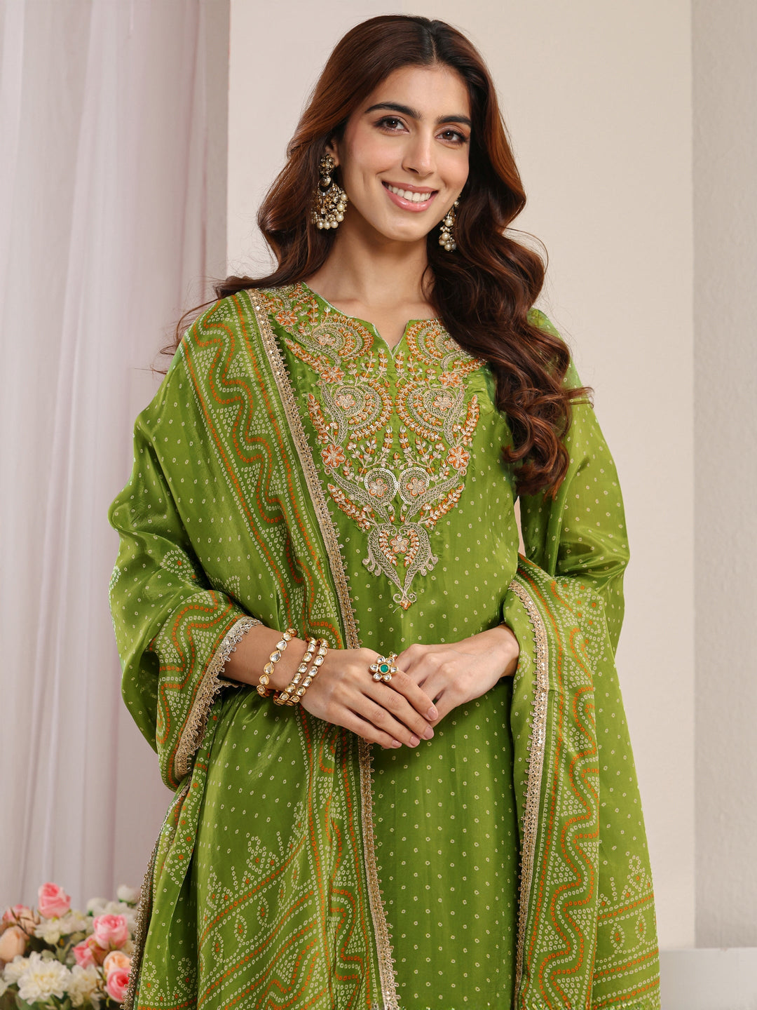 Green Bandhani Printed Crepe Straight Suit Set With Dupatta