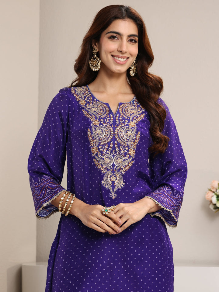 Purple Bandhani Printed Crepe Straight Suit Set With Dupatta