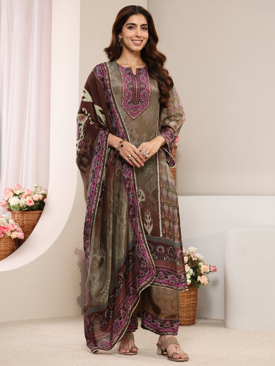 Taupe Ethnic Printed Crepe Straight Suit Set With Dupatta