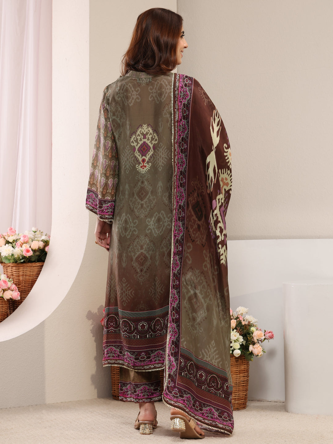 Taupe Ethnic Printed Crepe Straight Suit Set With Dupatta