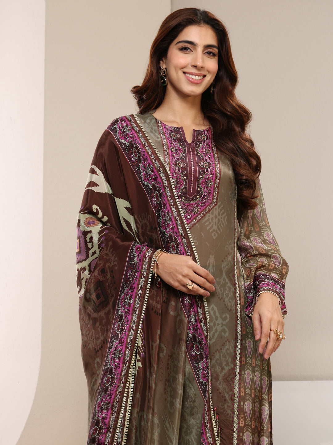 Taupe Ethnic Printed Crepe Straight Suit Set With Dupatta