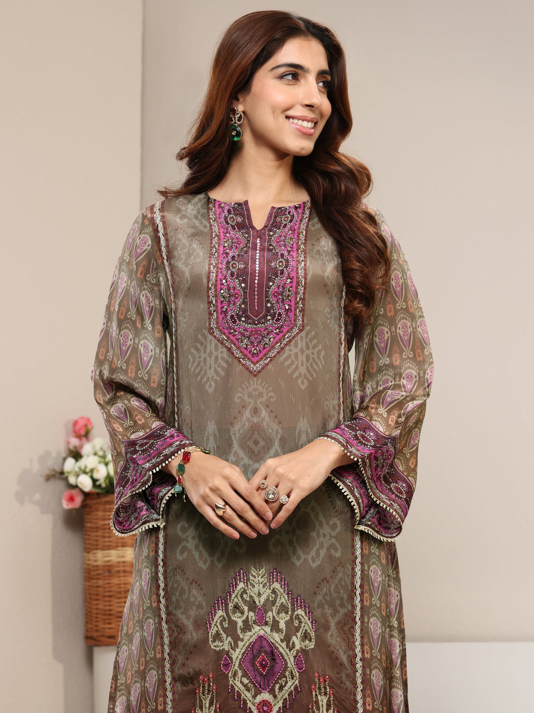 Taupe Ethnic Printed Crepe Straight Suit Set With Dupatta