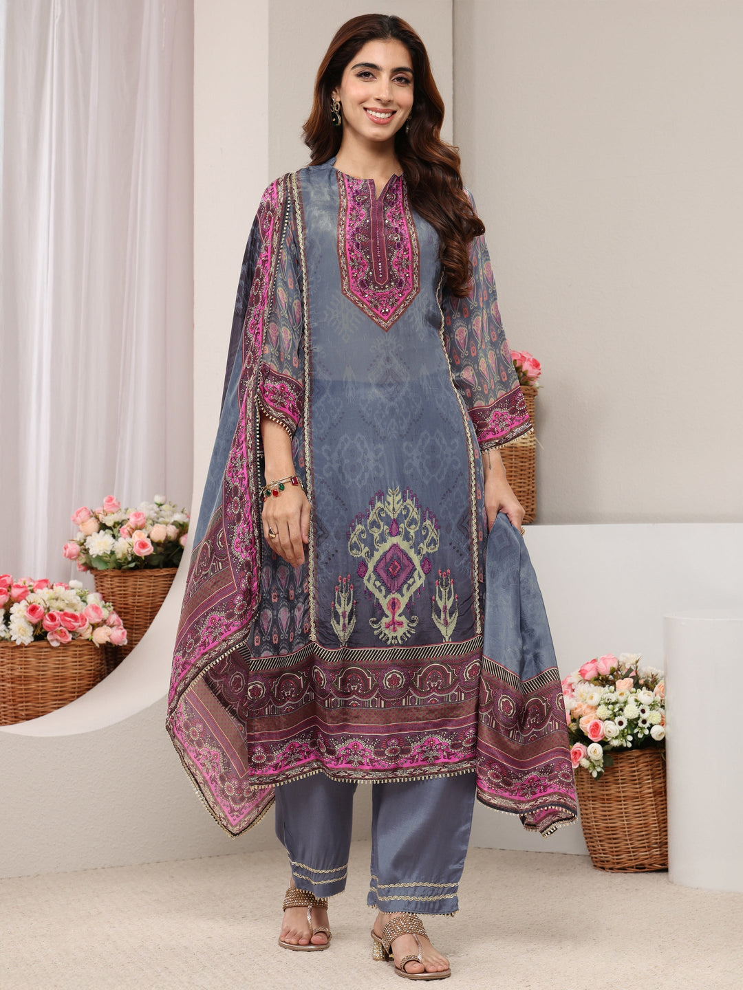 Grey Ethnic Printed Crepe Straight Suit Set With Dupatta