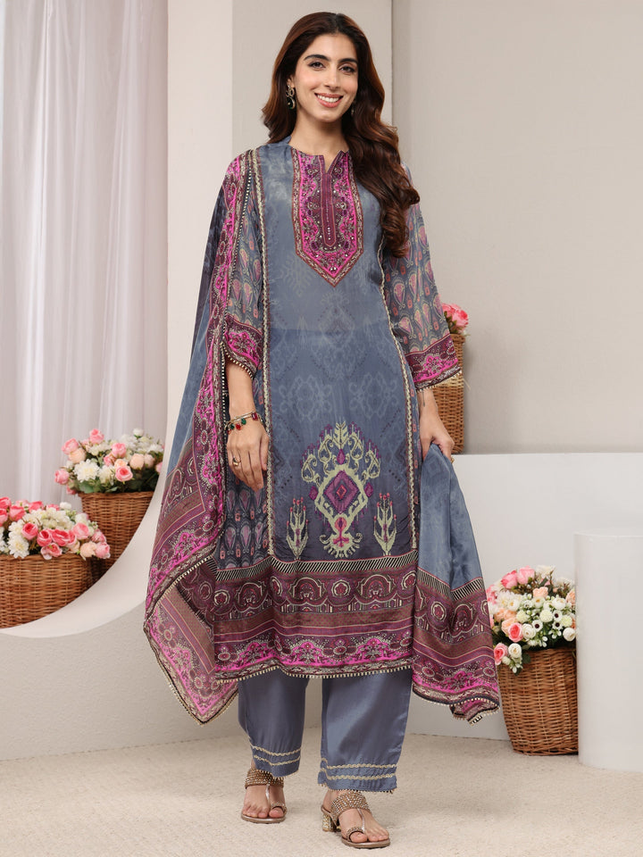 Grey Ethnic Printed Crepe Straight Suit Set With Dupatta