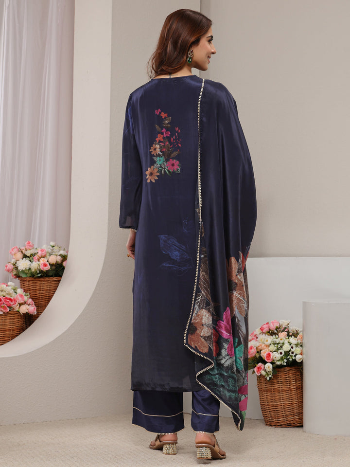 Navy Blue Floral Embroidered Crepe Straight Suit Set With Dupatta
