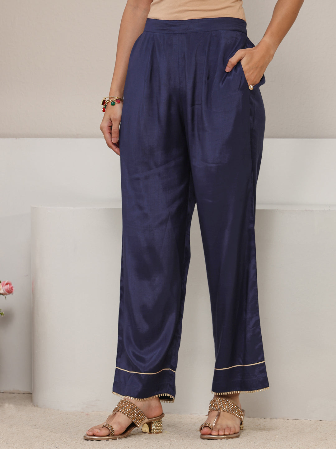 Navy Blue Floral Embroidered Crepe Straight Suit Set With Dupatta
