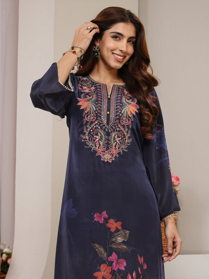 Navy Blue Floral Embroidered Crepe Straight Suit Set With Dupatta