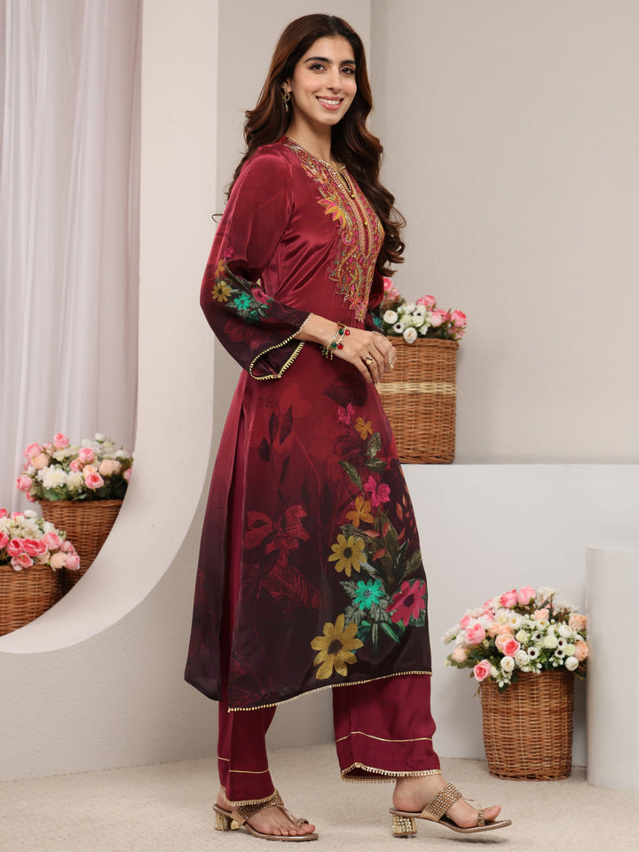Maroon Floral Embroidered Crepe Straight Suit Set With Dupatta