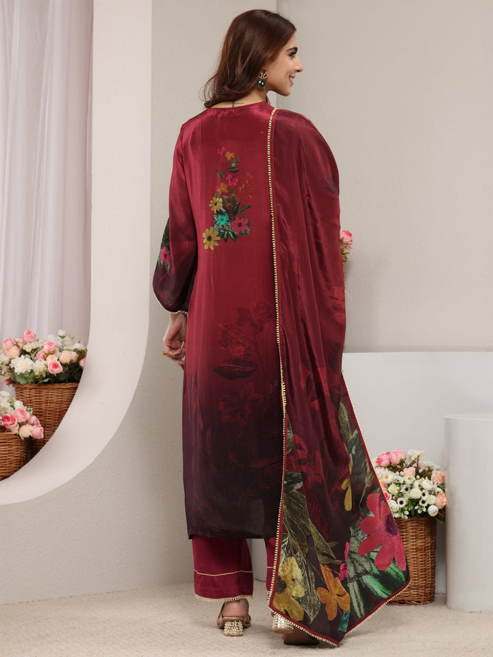 Maroon Floral Embroidered Crepe Straight Suit Set With Dupatta