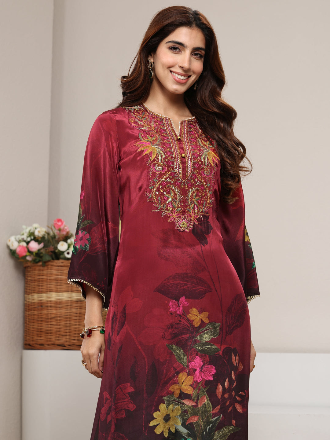 Maroon Floral Embroidered Crepe Straight Suit Set With Dupatta