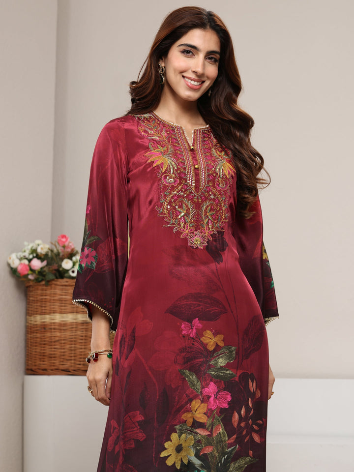 Maroon Floral Embroidered Crepe Straight Suit Set With Dupatta