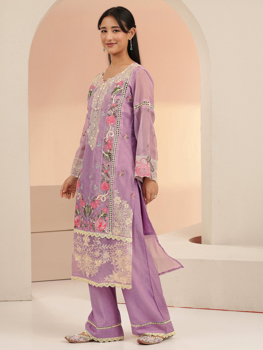 Libas Lavender Floral Embridered Organza Straight Suit Set