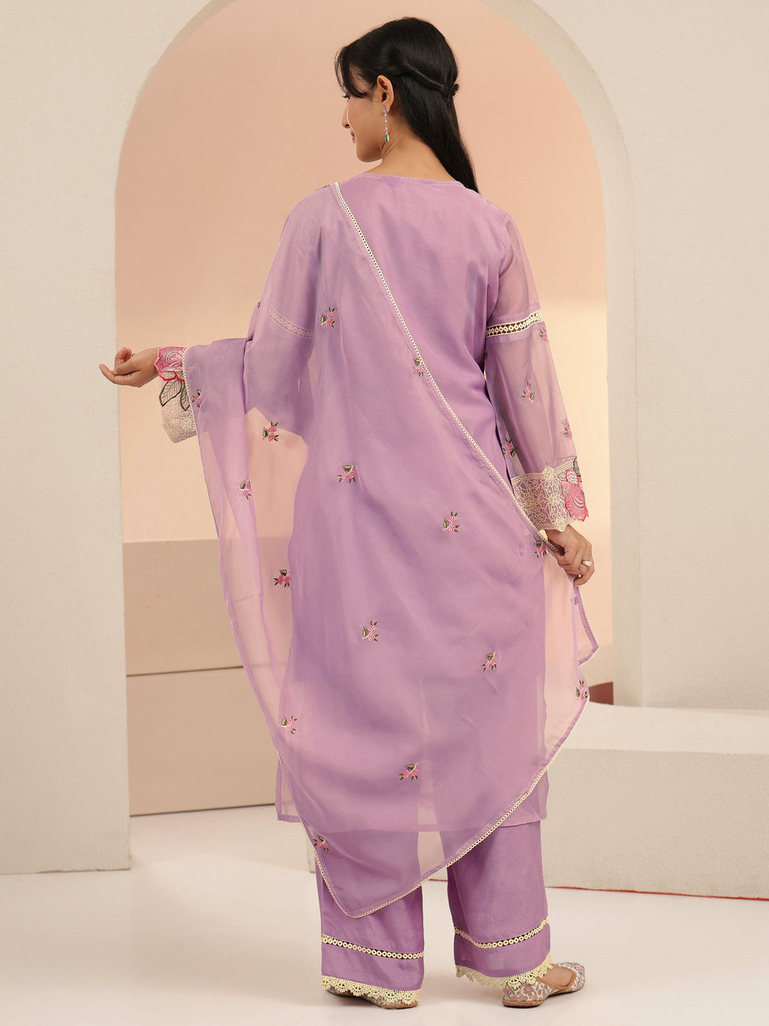 Libas Lavender Floral Embridered Organza Straight Suit Set