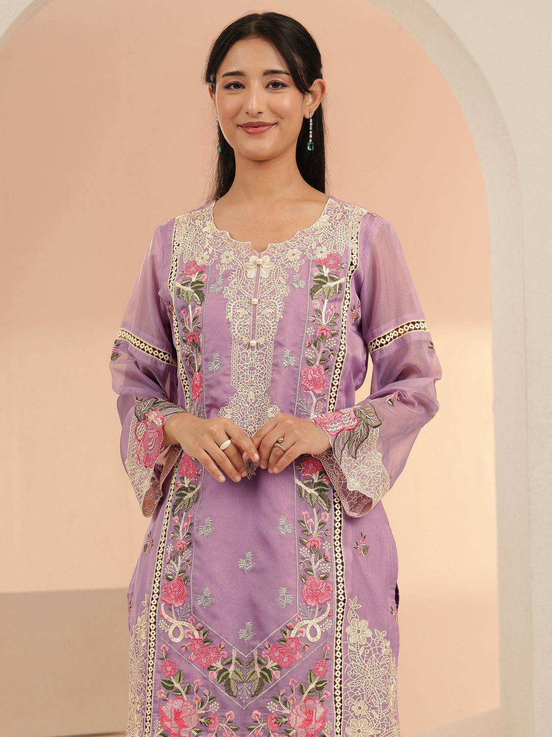 Libas Lavender Floral Embridered Organza Straight Suit Set