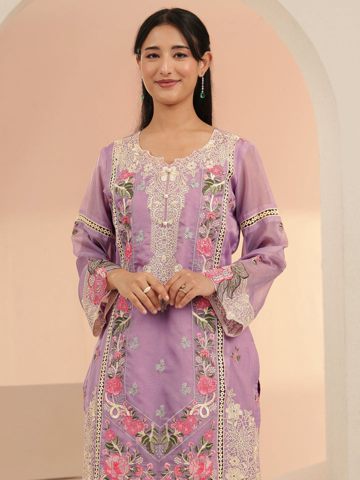 Libas Lavender Floral Embridered Organza Straight Suit Set