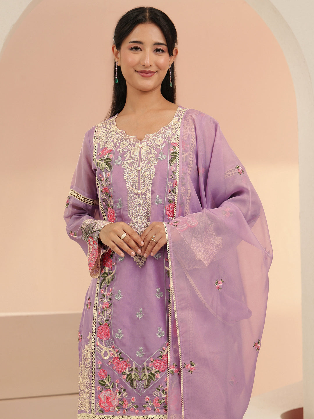 Libas Lavender Floral Embridered Organza Straight Suit Set