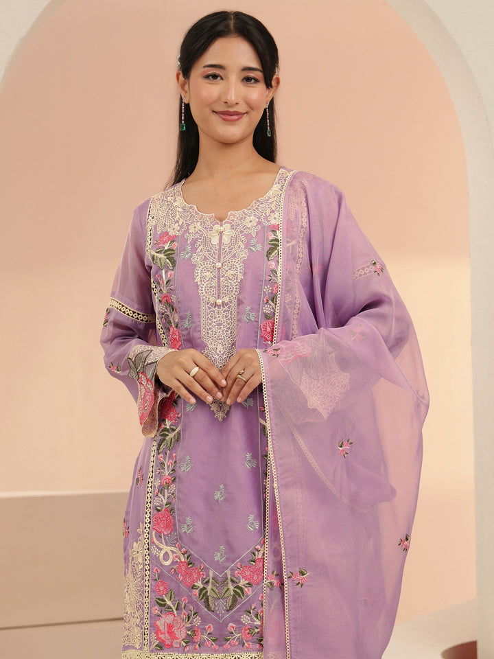 Libas Lavender Floral Embridered Organza Straight Suit Set