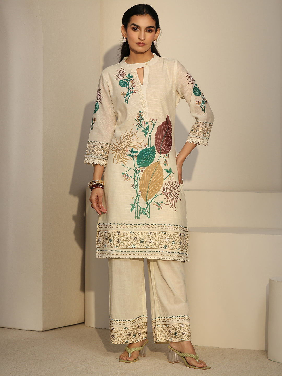 Libas Off White Floral Printed Linen Co-Ord Set