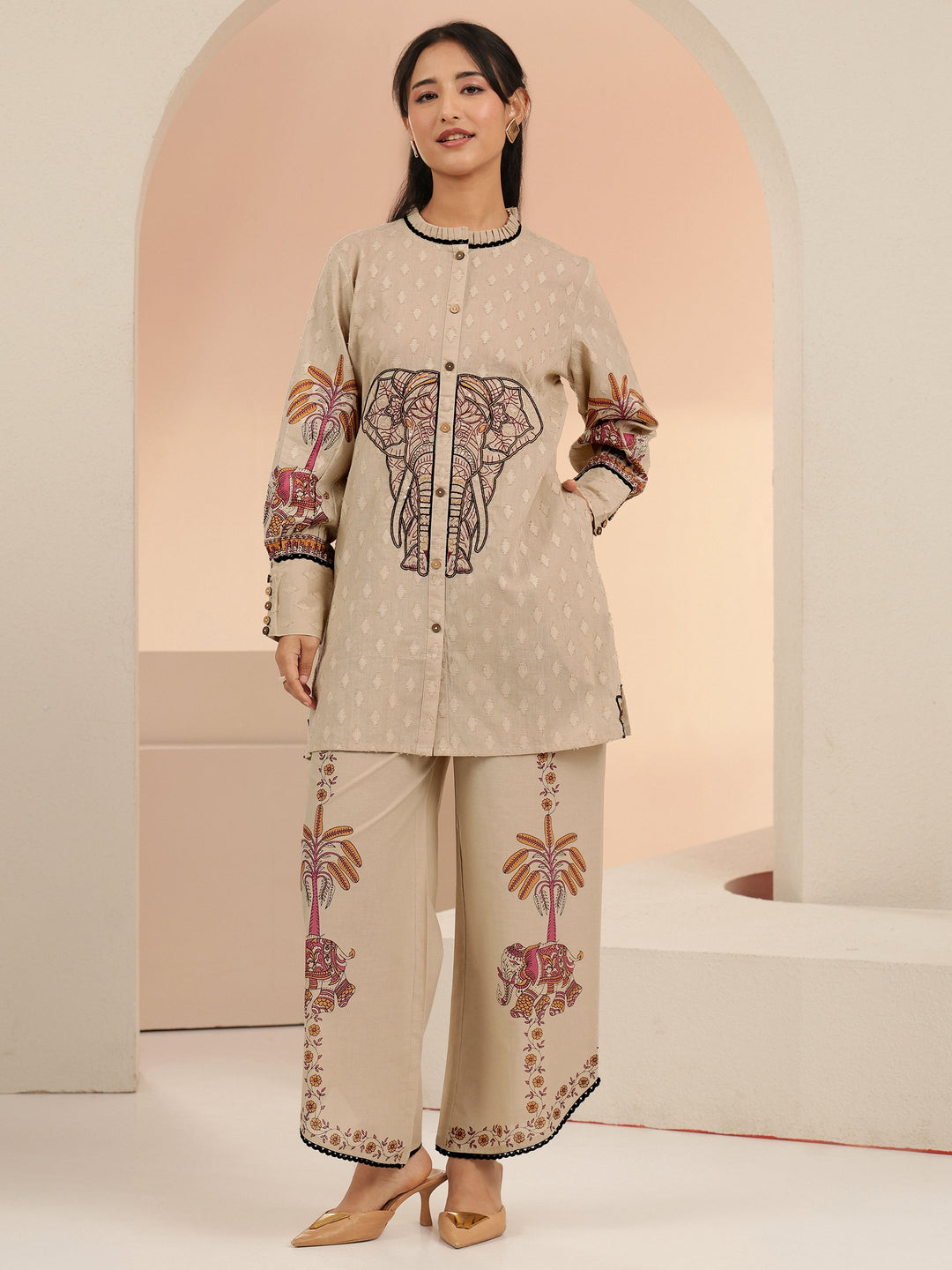 Libas Beige Tribal Woven Design Cotton Blend A-Line Co-Ord Set