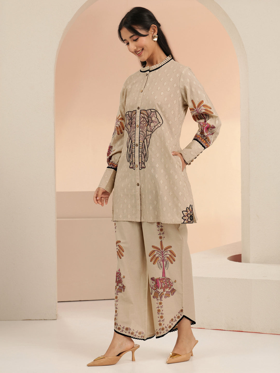 Libas Beige Tribal Woven Design Cotton Blend A-Line Co-Ord Set