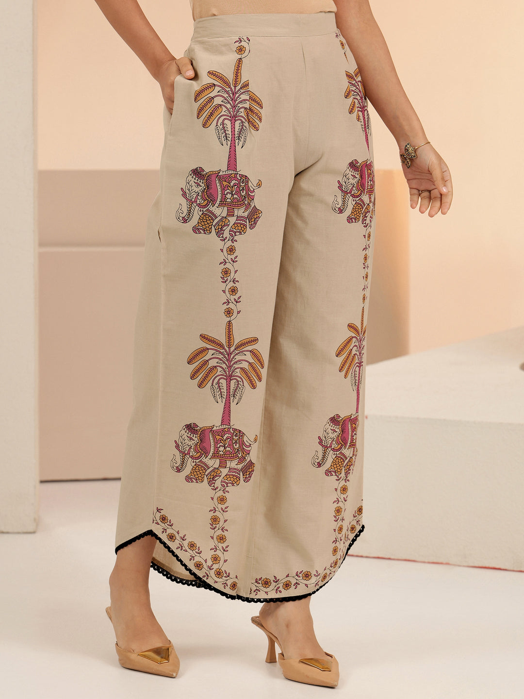 Libas Beige Tribal Woven Design Cotton Blend A-Line Co-Ord Set