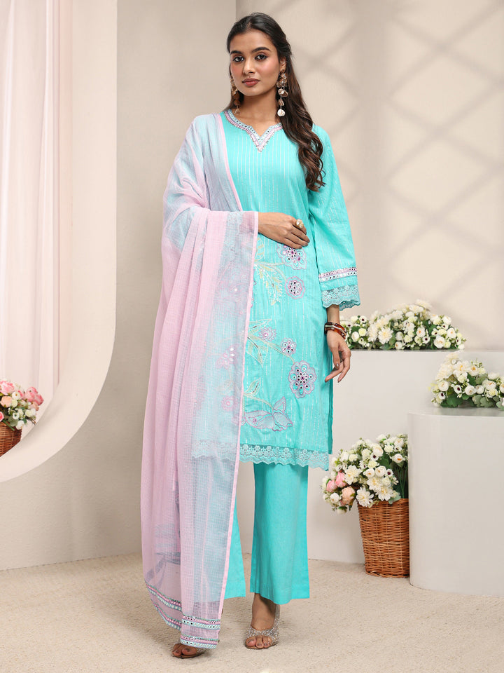 Blue Floral Embroidered Mirror Work Cotton Straight Suit Set with Dupatta