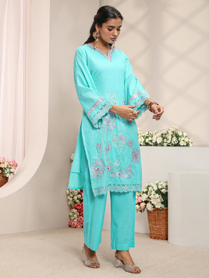 Blue Floral Embroidered Mirror Work Cotton Straight Suit Set with Dupatta