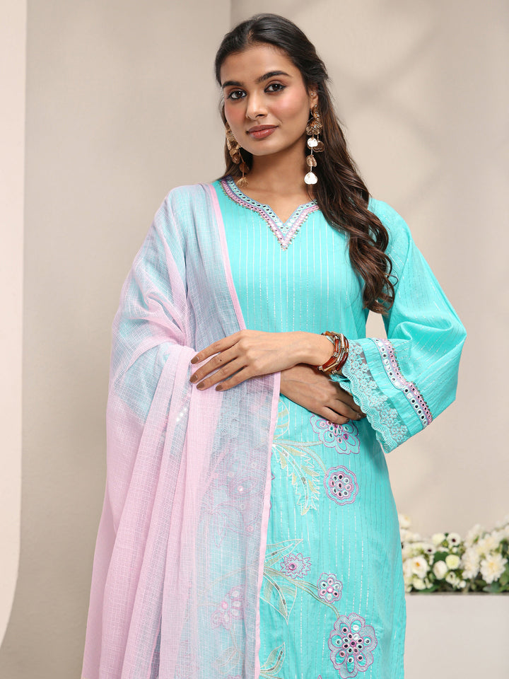 Blue Floral Embroidered Mirror Work Cotton Straight Suit Set with Dupatta