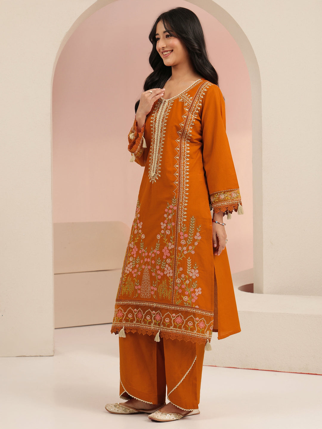 Libas Rust Orange Floral Embridered Cotton Straight Suit Set
