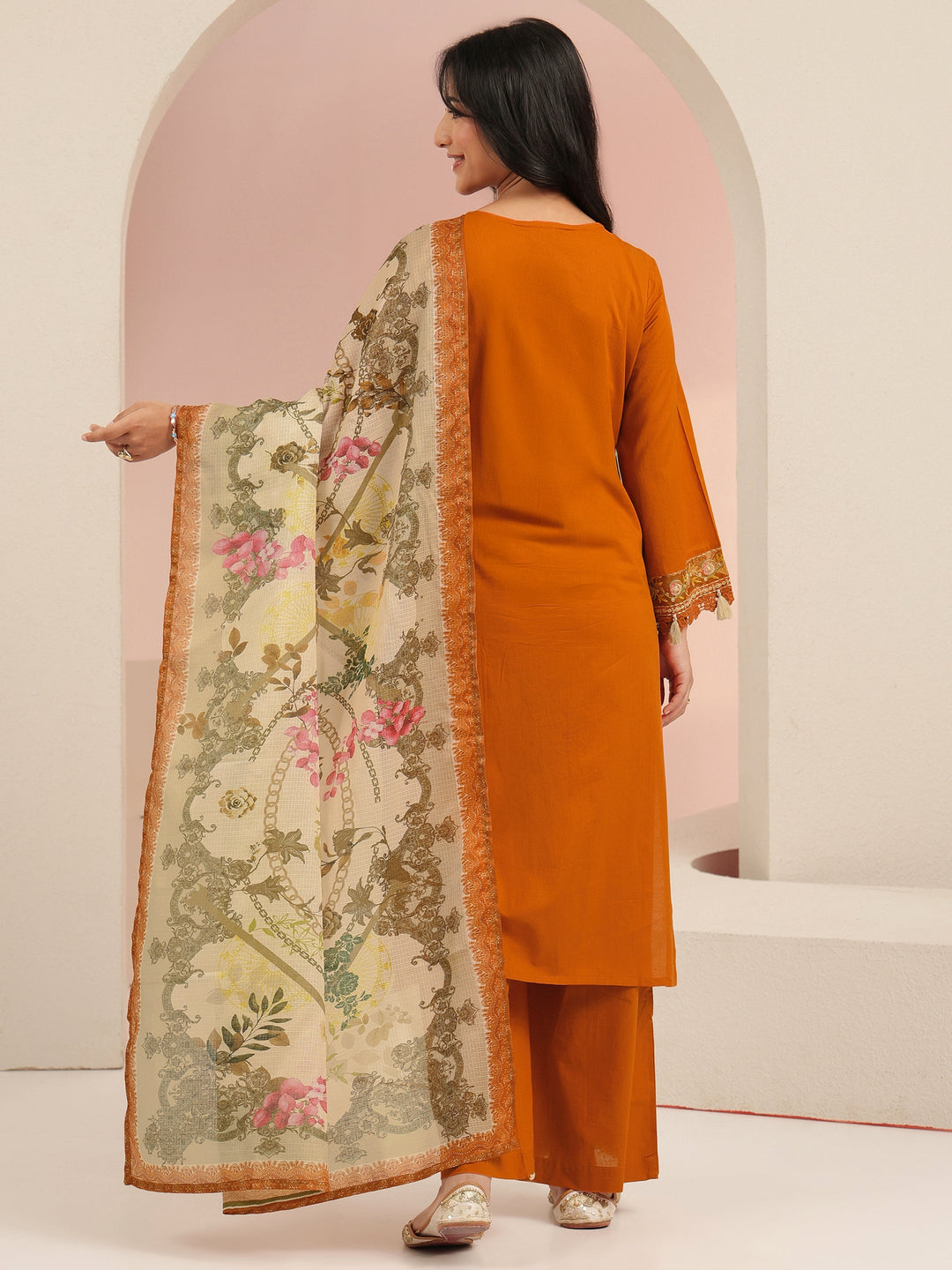 Libas Rust Orange Floral Embridered Cotton Straight Suit Set