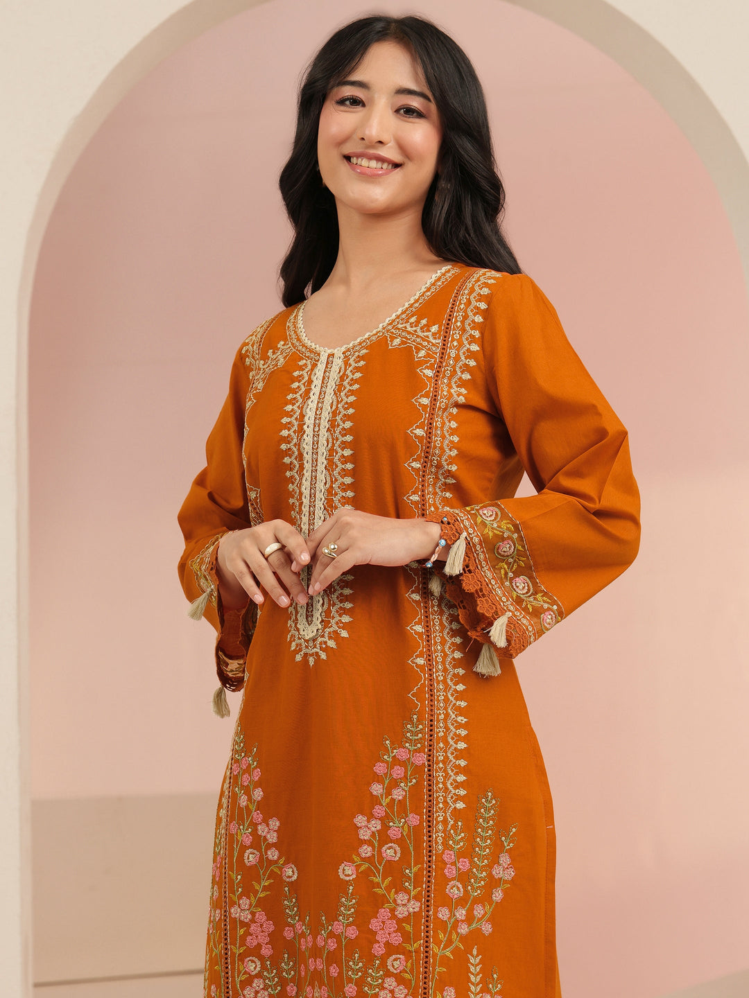 Libas Rust Orange Floral Embridered Cotton Straight Suit Set