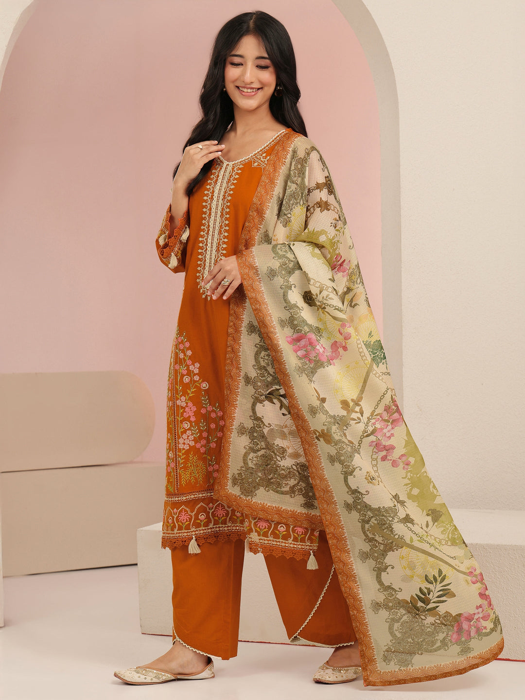 Libas Rust Orange Floral Embridered Cotton Straight Suit Set