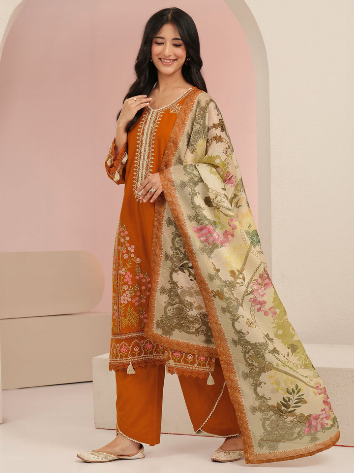 Libas Rust Orange Floral Embridered Cotton Straight Suit Set